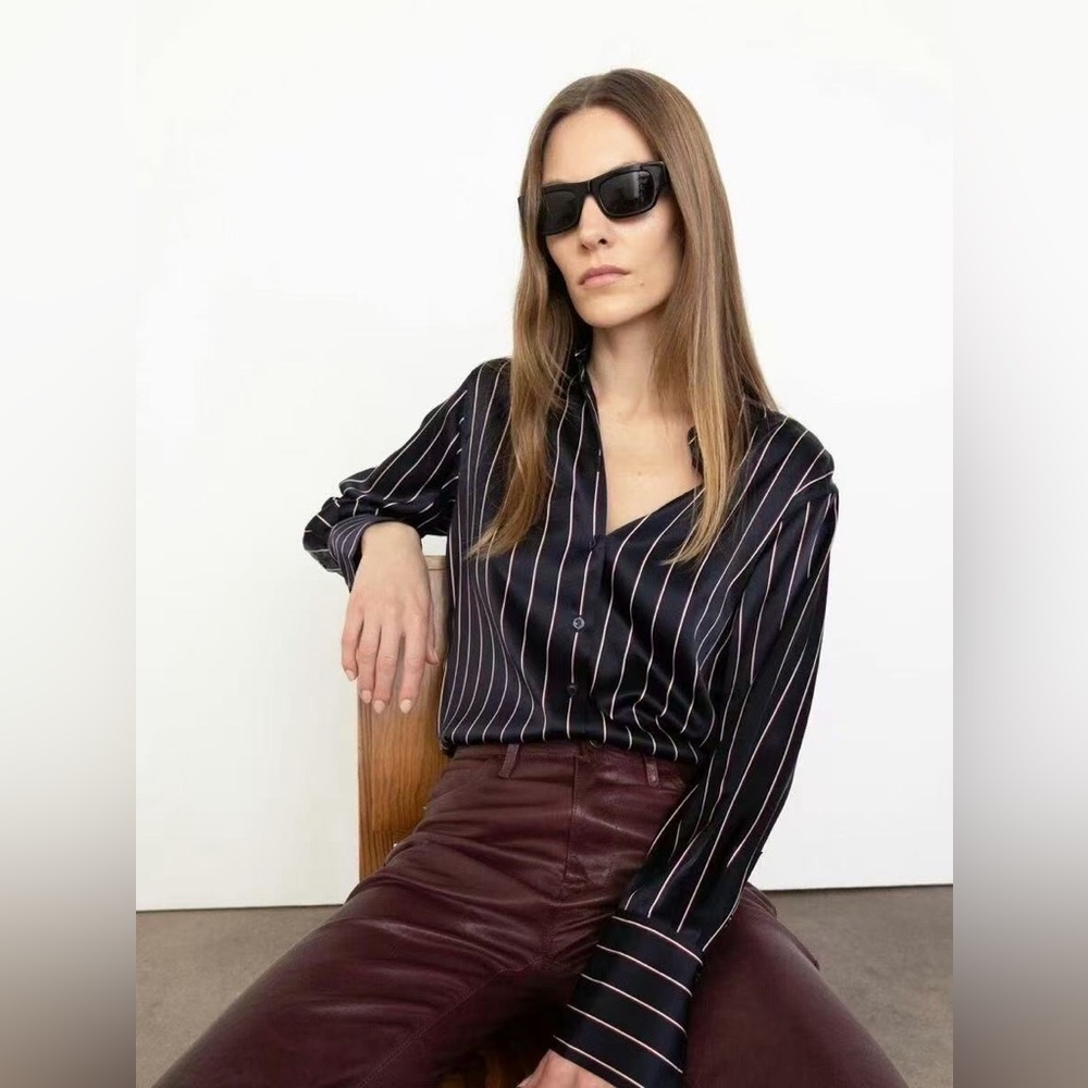 NWT $428 FRAME The Standard Stripe Stretch Silk Button-Up Blouse